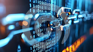 Metallic Chain with Digital Binary Code Background Representing Blockchain Technology Security and Data Encryption in a Futuristic