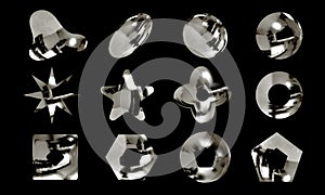 Metallic chrome shiny design elements set. Abstract shapes and objects with chrome effect.Set of vector 3D objects
