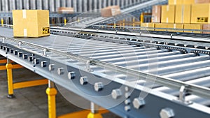 Metallic conveyors with boxes are stretching far away, stack of boxes is near,