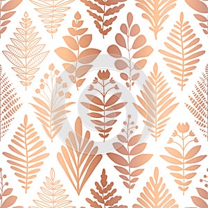 Metallic copper foil floral seamless pattern. Repeating vector background rose gold flowers on white in geometric rhombus shapes.