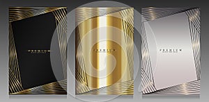 Metallic cover set design. Abstract geometric frame on a black, gold and platinum background. Luxury backgrounds.