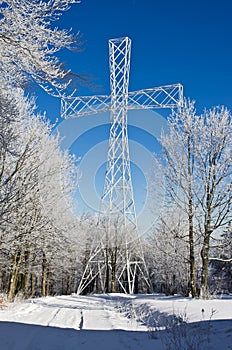 Metallic cross on Chelmiec mountain near Walbrzych