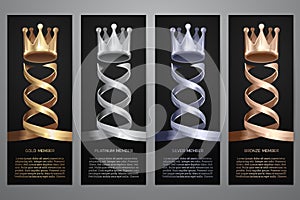 Metallic crown in black banner, Gold, Platinum, Silver, Bronze, Vector illustration