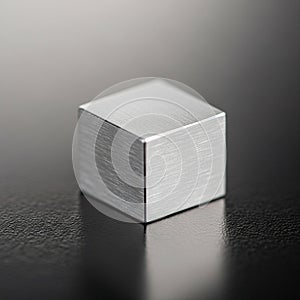 A metallic cube with a brushed surface finish sits on a reflective
