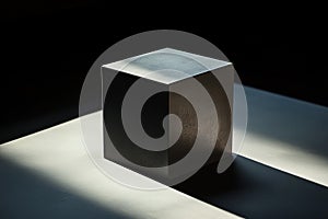 A metallic cube casting a long shadow in dramatic lighting