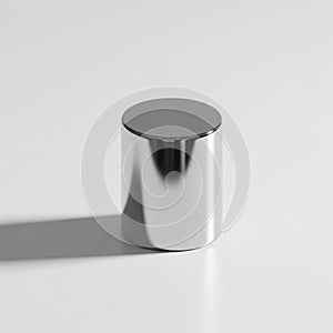 A metallic cylinder with a reflective surface stands alone on a smooth, white