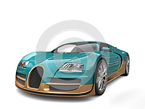 Metallic dark cyan modern super sports car with golden details