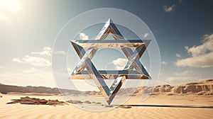 Metallic David star in the sand of desert. Shiny 3D Israel symbol of Magen David. Generated AI.