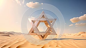 Metallic David star in the sand of desert. Shiny 3D Israel symbol of Magen David. Generated AI