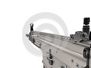 Metallic desert sand color assault rifle - FPS closeup shot