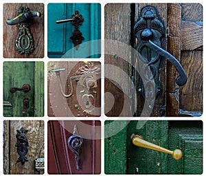 Collage of artistic old doorhandles and doorknobs photo