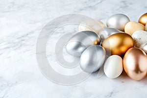 Metallic easter eggs in gold, silver, and bronze on marble surface for elegant holiday decor