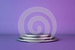 Metallic effect glossy podium by three silver round stands on purple empty background. 3D rendering, mock up