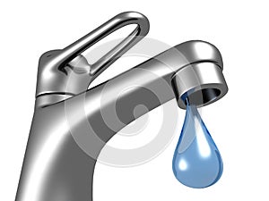 Metallic faucet with blue water drop on white background