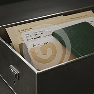 Metallic filing drawer containing various documents and a green notebook. Papers are