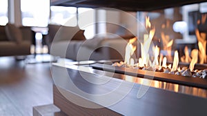 The metallic finish of the fireplace reflects the flickering flames giving the illusion of a neverending fire that photo
