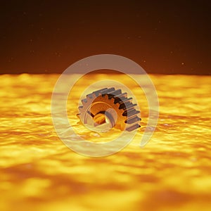 A metallic gear partially submerged in a bright, molten-like surface, suggesting a high photo