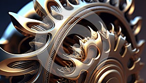 Metallic gear with teeth and spokes, representing industrial and mechanical precision