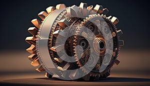 Metallic gear with teeth and spokes, representing industrial and mechanical precision