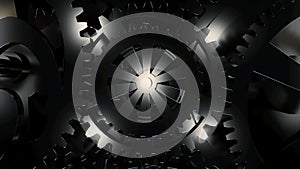 Metallic gears at black background. Decorative frame. Abstract seamless dark surface. 3D rendering. Close up