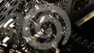 Metallic gears at black background. Decorative frame. Abstract seamless dark surface. 3D rendering. Close up