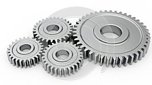 Metallic gears and cogs interlocking in a complex mechanical system on a white background