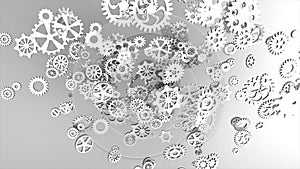 Metallic gears at grey background. Decorative frame. Abstract seamless grey surface. 3D rendering.