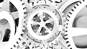 Metallic gears at grey background. Decorative frame. Abstract seamless grey surface. 3D rendering. Close up