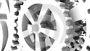 Metallic gears at grey background. Decorative frame. Abstract seamless grey surface. 3D rendering. Close up