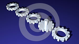 Metallic gears rotatig in diagonal area on dark blue background. Technology, engineering theme, business metaphor