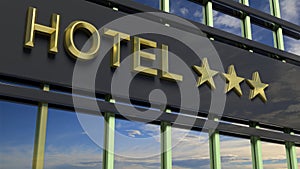 Metallic glass hotel sign board with three golden stars