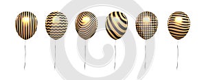 Metallic gold balloon isolate on white. Flying balloons isolated with trendy retro patterns for birthday party or