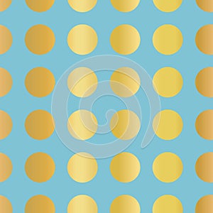 Metallic gold foil polka dots pattern. Circles Seamless Vector. Shiny metallic golden foil dots on blue background. For Wallpaper,
