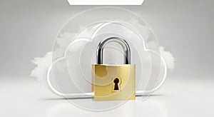 Golden padlock securing cloud data with secure cloud storage and digital safety concept