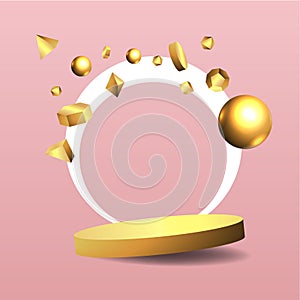 Metallic golden stage with floating geometrical forms, round platform, realistic minimal background, 3d luxury scene on pink and
