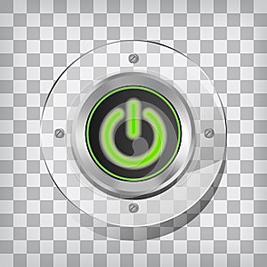 Metallic green power button icon on squared background