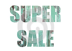metallic green texture. Shot through cut-out silhouette of the word SUPER SALE