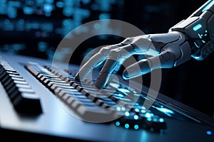 Metallic Hand of robot touch. Coding monitor science