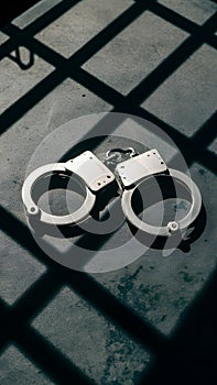 Metallic handcuffs on surface, sharp shadows, grid like shadow pattern photo