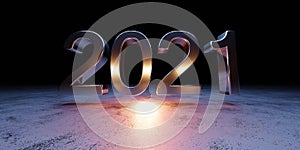 Metallic happy new year 2021 numbers on dark background 3d render illustration