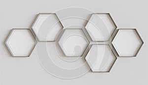 Metallic hexagon blank photo frames mockup hanging on interior wall. Hexagonal pictures on painted surface. 3D rendering