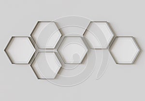 Metallic hexagon blank photo frames mockup hanging on interior wall. Hexagonal pictures on painted surface. 3D rendering
