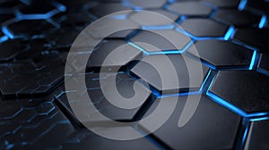 Metallic hexagonal pattern with blue glow. Neural network AI generated