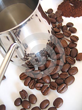 Metallic ibrik, coffee beans photo