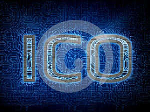 Metallic ICO Initial Coin Offering text with blue glowing led circuit board inside on blue background.