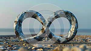 Metallic infinity symbol on the beach. Sign of eternity. AI Generated