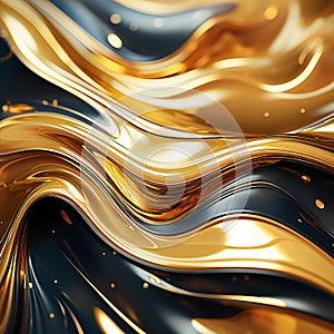 Metallic iridescent blue and gold metal wavy liquid background.