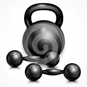 Metallic kettle bell and two dumbbells
