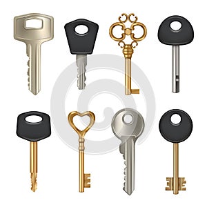 Metallic key. Safety concept set pictures of different door key decent vector illustrations
