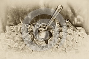 Metallic ladle with ice cubes